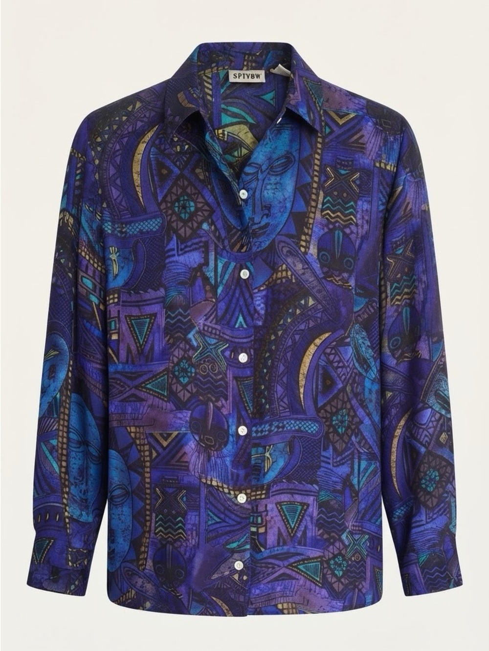 Chico's Vintage 100% Silk Abstract African Mask Print Blouse Top Blue Size 1